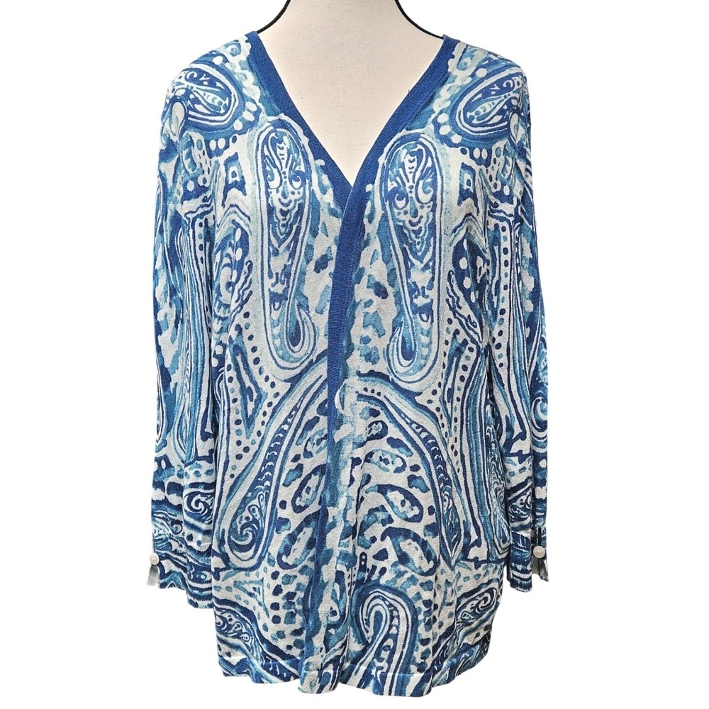 Chico's Paisley Open Front Cardigan Women 2 L Blue White Knit Layer Coastal Boho